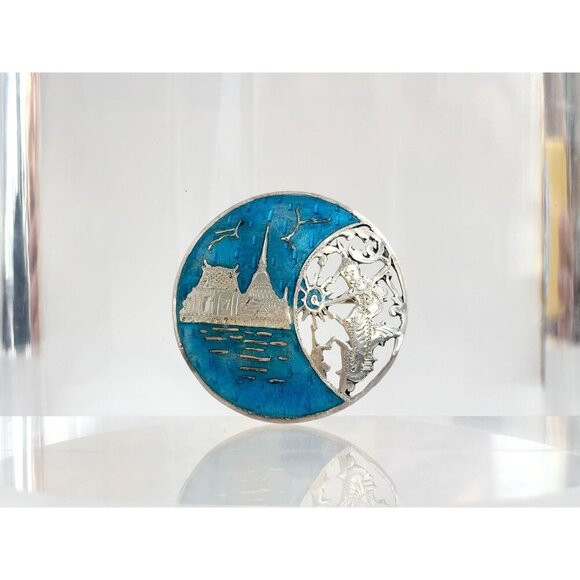 Mekkala Goddess Blue Enamel Siam Sterling Silver 925 Cutout Vintage Brooch - Picture 8 of 9